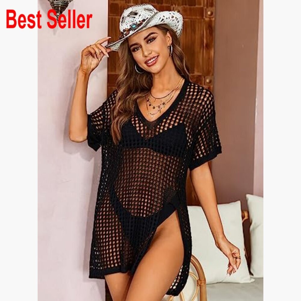 Crochet Mesh Swim Cover Up with Side Split V-Neck Short Sleeve - Picture 3 of 7